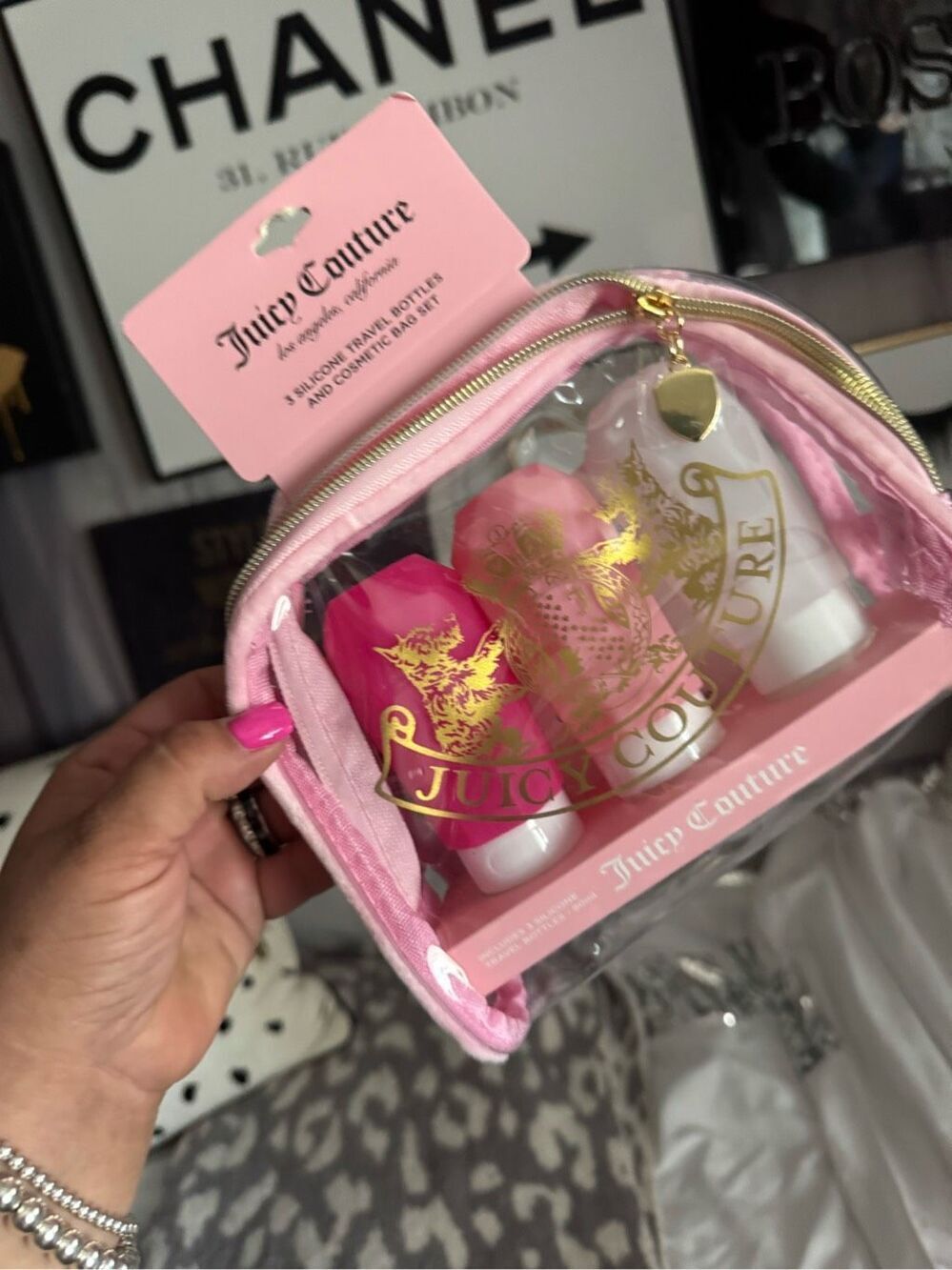 Vintage style Juicy Couture pvc travel Makeup Cosmetic Case Bag Pouch & bottles